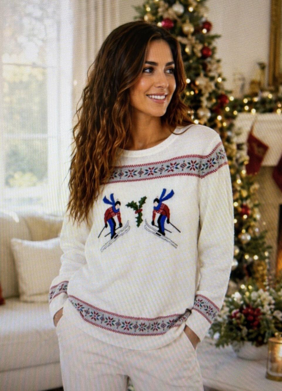 Lands' End Women's XL tall Family Holiday Sweater skiing vacation cotton winter